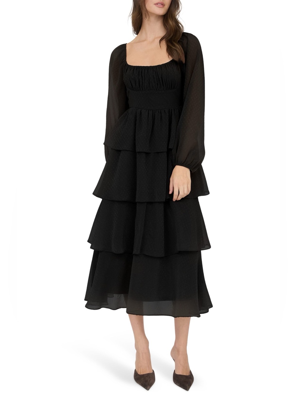 NWT Blu Pepper Black Metallic Tiered Midi Dress S